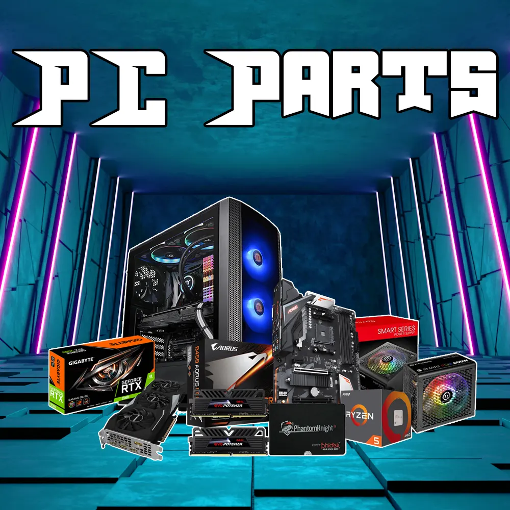 Assortment of PC parts including processors, RAM, motherboards, and graphics cards